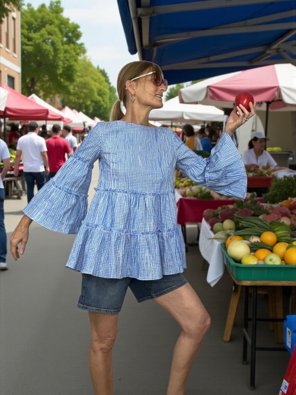 Sara Campbell Ruffle Tiered Tunic Blouse XS Blue Gingham Bell Sleeve Oversized